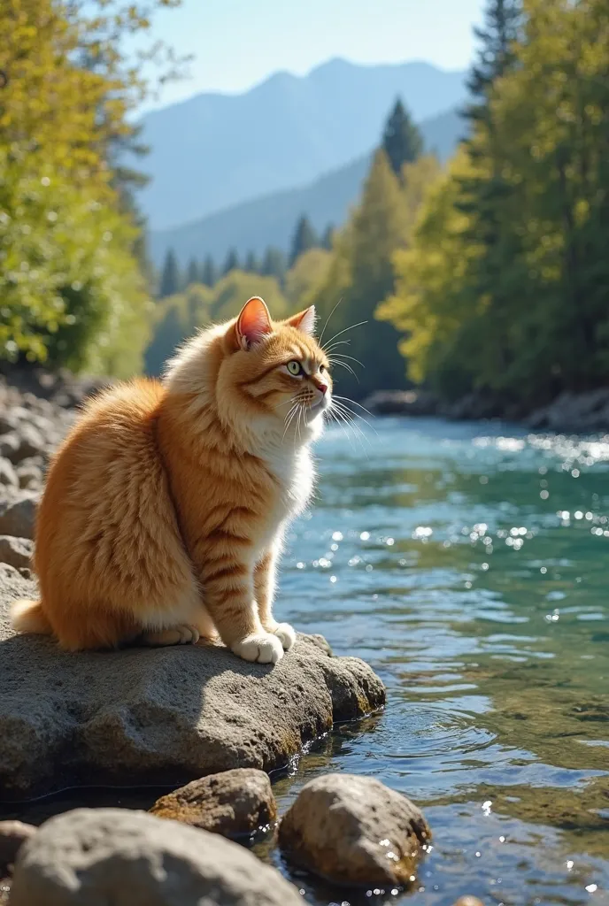 "A massive, chubby blonde cat, weighing nearly 60 kg and standing 5.9 inches tall, stands at the rocky edge of a crystal-clear river. Its thick, golden fur gleams under the warm sunlight, slightly ruffled by the gentle breeze. With sharp focus, its large, ...