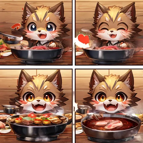 (((masterpiece,       High Resolution,       top quality))), (One々  A meat cooking manga where a cute werewolf makes you happy in 4 frames)、cute 2 scenes、