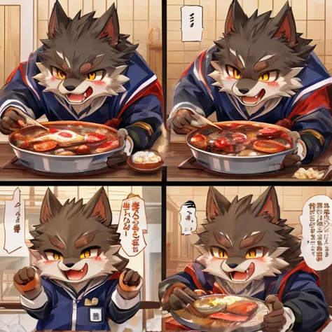 (((masterpiece,       High Resolution,       top quality))), (One々  A meat cooking manga where a cute werewolf makes you happy in 4 frames)、cute 2 scenes、