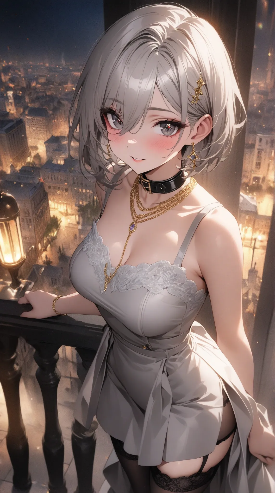 High-class call girls,front, masterpiece, Highest quality,(((One)))Illustration of a beautiful 30-year-old woman,
(((Short Bob Ash Grey Hair))),Black eyes with purple ,eyeshadow,sparkling eyes,Gentle Eyes,Long face,(Black collar),gold simple chain necklace...