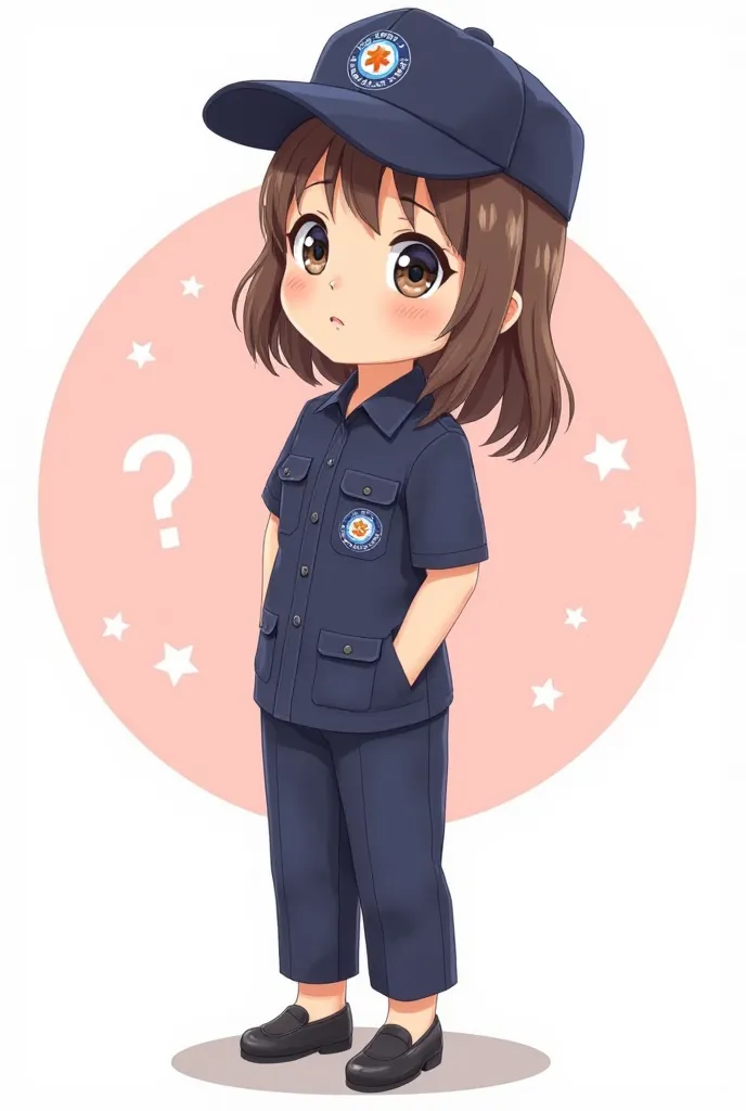 A cute cartoon style illustration of a brown-haired girl, wearing a dark blue short-sleeved uniform, with dark blue slacks and a cap, and black pumps. She has a confused expression, her eyes are big and round. She tilts her head, looks dazed, her eyes are ...