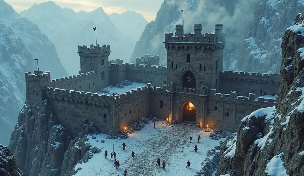 AERIAL SHOT – Conan’s Barbarian Stronghold Hidden in the Mountains
Scene Overview:
A fortress built of raw stone and timber, nestled deep within a snow-covered mountain range. Smoke rises from the massive iron chimneys, and warriors train in the courtyard,...