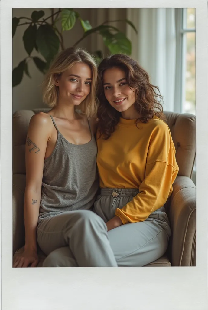 A SELFIE in the form of a Polaroid photo (Polaroid borders).  two women girlfriends: the first with well-cut hair, short tattoo on the arms sitting in an armchair, the second with light brown curly hair sitting on your lap wearing sweatpants and yellow blo...