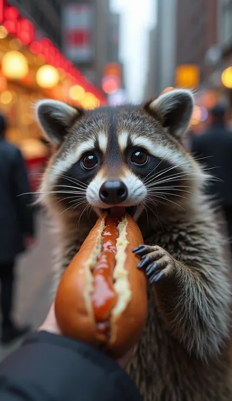 "A raccoon looking hungrily at a hot dog held by a pedestrian. The raccoon's eyes are wide, almost drooling. The pedestrian is unaware. The background is a busy New York street with food stands and neon lights. Vertical format, slightly humorous, detailed ...