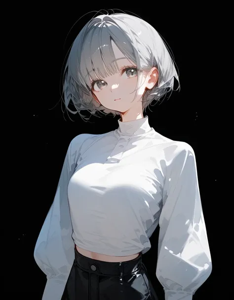  color scheme,girl,goblins, Gray Short Hair ,Tall,medium chest,Cute Shy,WHITE LONG SLEEVE SHIRTING SHIRT,beautiful,black background,