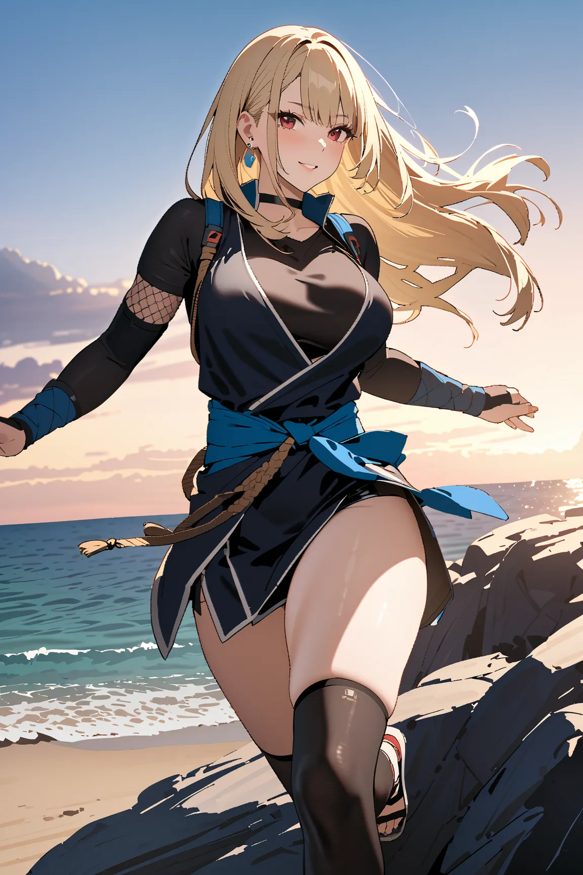 Hero Landing, A Hero Landing, coastal, Ninja,  kitagawa marin ,  1girl , blonde hair, long hair, multicolored hair, red eyes, jewelry, earrings, piercing, black choker, masterpiece:1.5, highest quality, UHD, retina, masterpiece, accurate anatomy, super det...