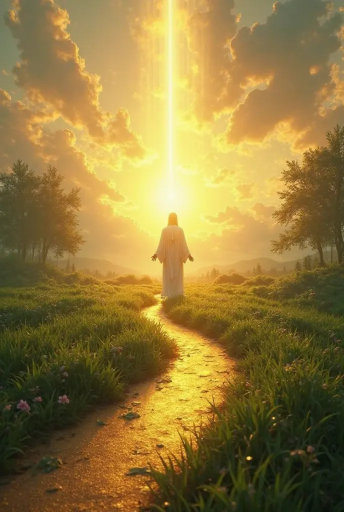 "A golden road winding through a lush green field at sunset, with a serene figure of Jesus standing in the distance, emanating soft light."