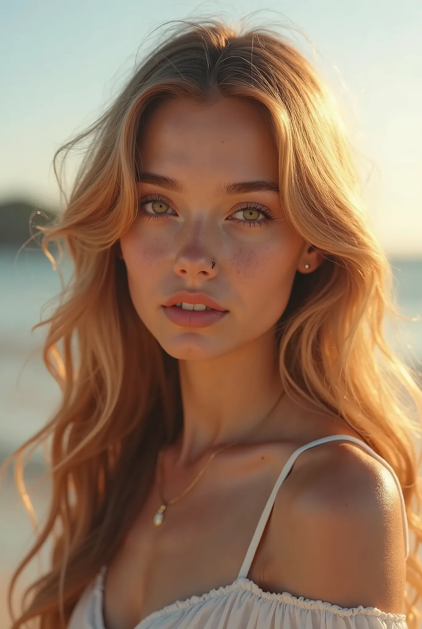 Öznur Serçeler, 22 years old, face rectangle, with light medium skin, perfect brown eyes, long strawberry hair, middle apart models, wavy hair, glossy lips, glowing makeup, light freckles, na praia