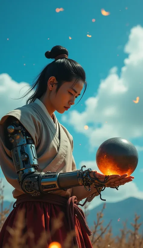 Very live-action、 real 、A young Japanese male craftsman wearing a Japanese costume with a mechanical prosthetic arm、creating an iron ball that emits mysterious light under the blue sky。Part of the arm is fused with an elaborate machine、a mysterious light i...