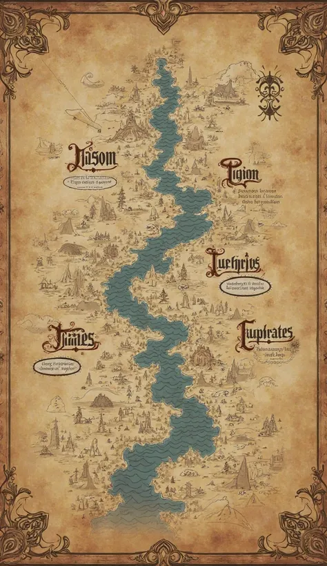 An ancient map drawn on parchment, showing four rivers converging at a single point. The names' Pisom ', 'Giom', ' Tigris' and 'Euphrates' are written in medieval calligraphy."