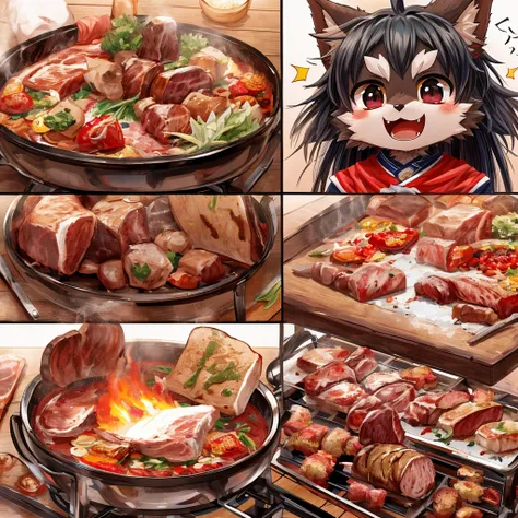 (((masterpiece,       High Resolution,       top quality))), (One々  A meat cooking manga where a cute werewolf makes you happy in 4 frames)、cute 2 scenes、