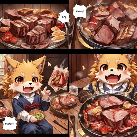 (((masterpiece,       High Resolution,       top quality))), (One々  A meat cooking manga where a cute werewolf makes you happy in 4 frames)、cute 2 scenes、