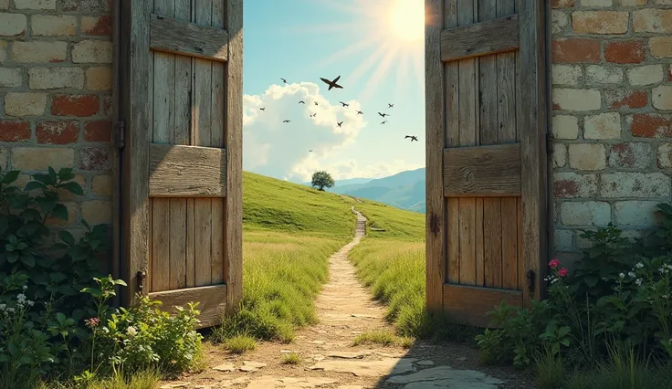 Rustic double doors, aged with time, opening to a serene landscape of rolling green hills and a sunlit pathway stretching into the distance. The air is fresh, birds soar overhead, and the inviting path leads toward an unknown but promising destination, evo...