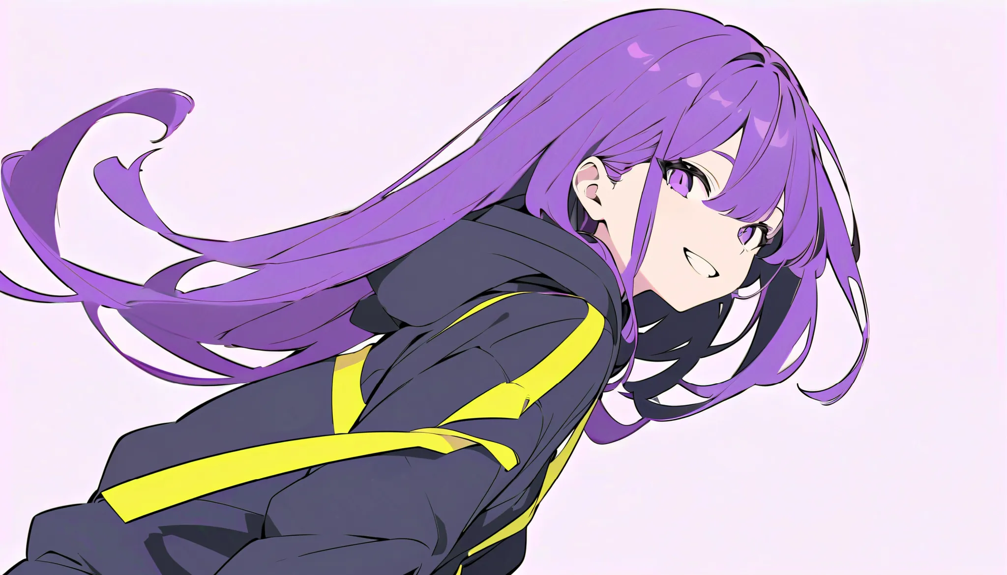 ((((ultra illustrated style:1.0)))), best quality, best animated, masterpiece, 
monochrome, flat color, 
black and yellow, 1girl, solo, 
(violet long hair) and (violet eyes),
hoodie, 
grin, 
wide shot, white background, simple background, violet theme,