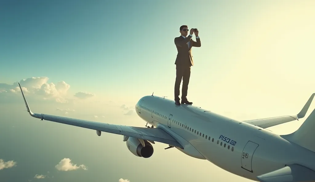 
Airplane pilot gets on top of the plane to take a full body photo while in full flight 