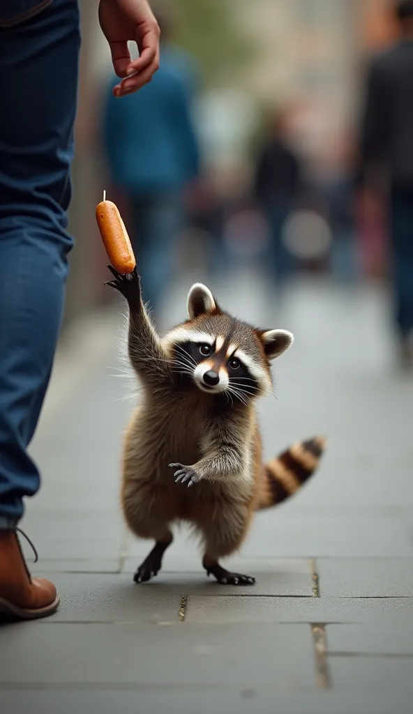 "A raccoon sneaking toward a pedestrian, reaching out its tiny paw for a hot dog. The raccoon has a determined but mischievous expression. The background is slightly blurred, focusing on the raccoon's sneaky movement. Vertical format, detailed lighting, sl...