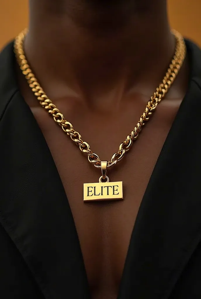 Generate a gold neck chain with a pendant written ELITE 