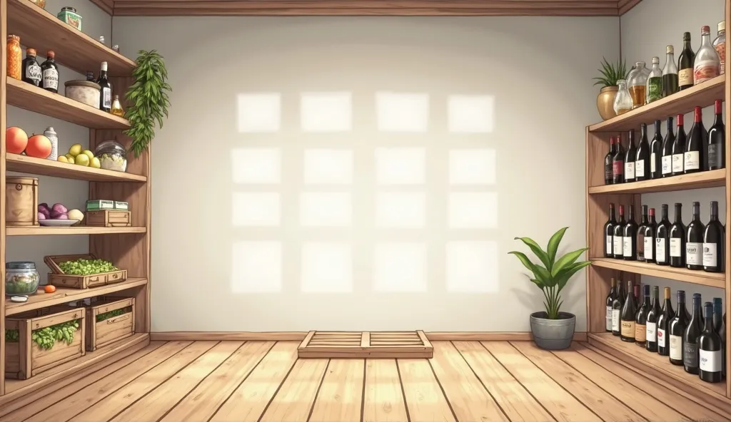 A off white coloured room with no windows, wooden floor, left side of room with lots of food on shelves, right side of room with lots of wine on shelves, wooden hatch on the floor, anime style