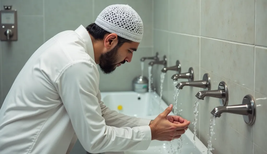 "A Muslim man performing ablution (wudu) in a clean and well-lit wash area before prayer. He is dressed in a white Islamic outfit and wearing a white crocheted prayer cap (taqiyah). He leans forward, cupping his hands to scoop water and splash it onto his ...