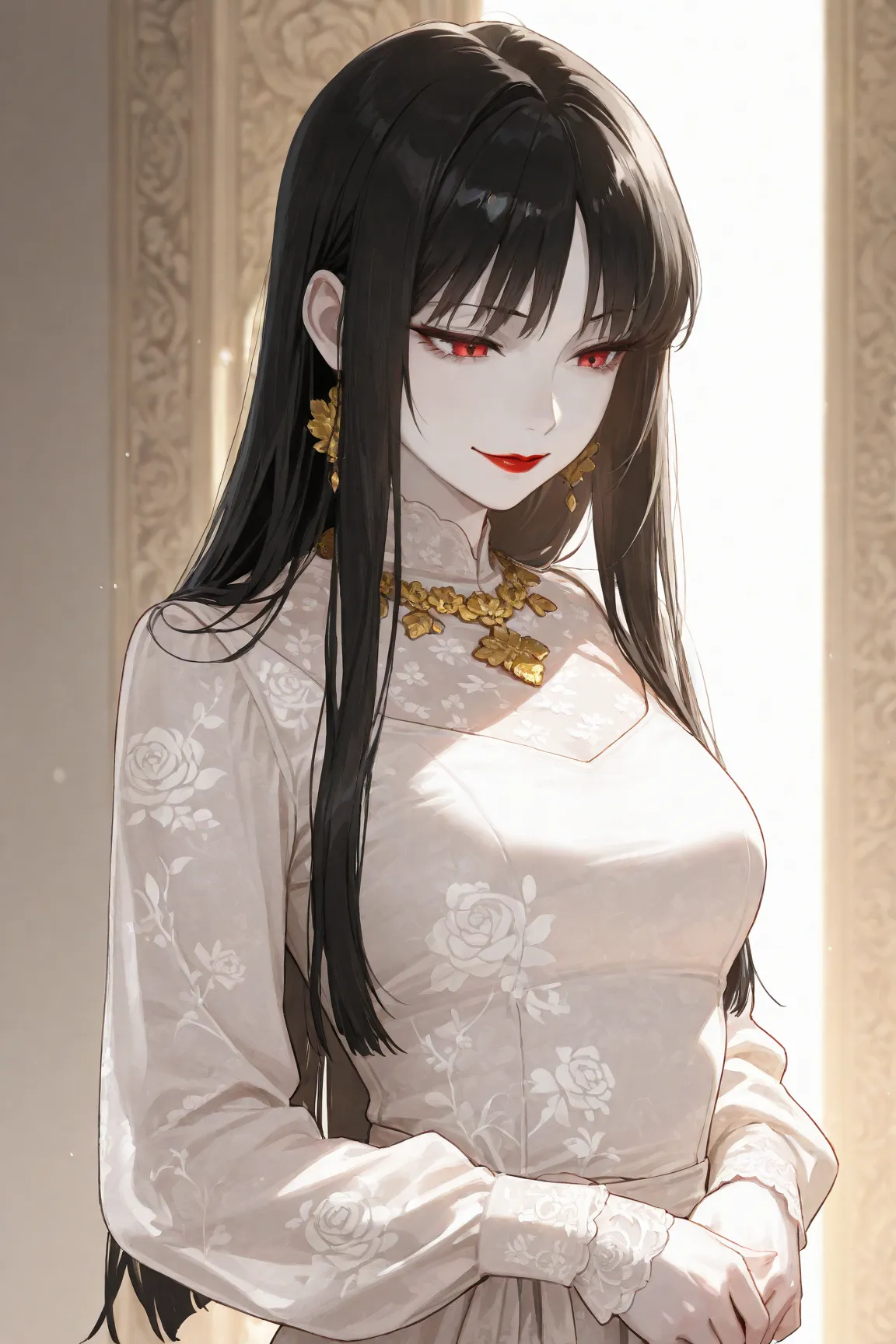 1girl, solo, upper body, facing forward, slightly smiling, mature, elegant, long black hair, straight hair, bangs, pale skin, red eyes, sharp features, thin eyebrows, red lipstick, high-collared dress, long sleeves, white dress, floral patterns, gold embro...