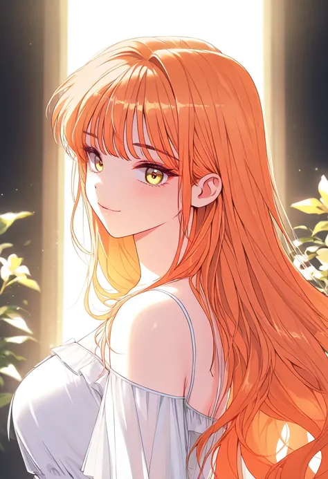 1girl, pretty, beautiful, orange hair, long hair, bangs, yellow eyes, white dress, aesthetic, manhwa