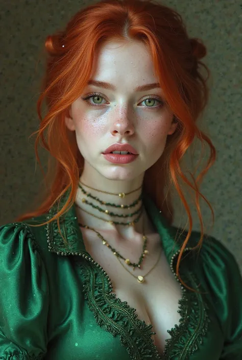 Do you have skin as pale as snow, red hair with a white genetic lock,nose,pink lips and ears because of her pallor. she has one of her sharp fangs which makes her smile uniquely beautiful, She is slender,Use dark eye pencils,has green eyes and wears a gree...