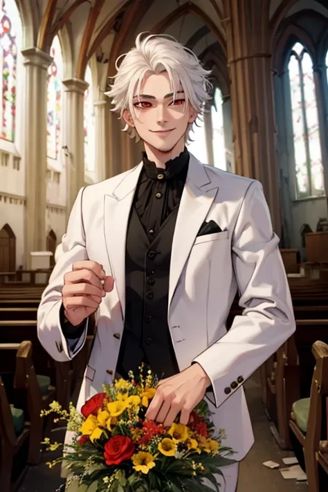 Perfect face. Perfect hands. A young white haired man with red eyes and short hair in a Gothic suit is arranging flowers in an abandoned church with a big smile
