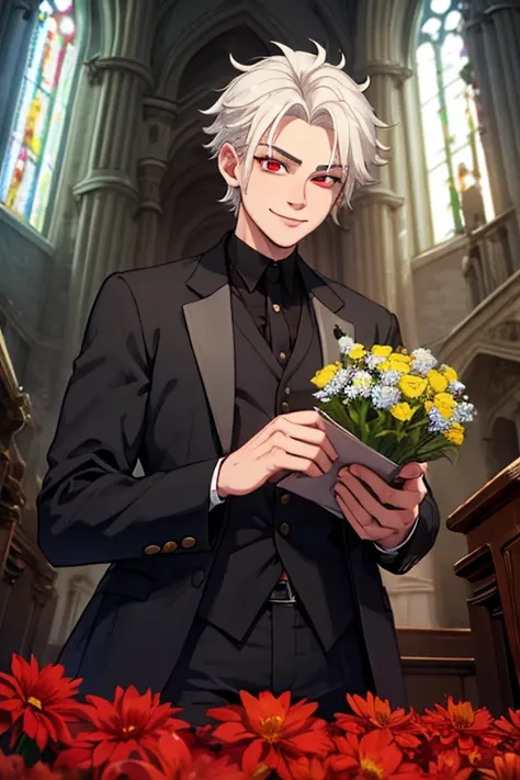 Perfect face. Perfect hands. A young white haired man with red eyes and short hair in a Gothic suit is arranging flowers in an abandoned church with a big smile
