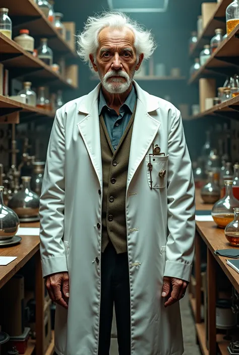 ((Highest quality)), ((masterpiece)), ( exhaustive),  1 old man 、 Mad Scientist 、white coat、full body、 standing
