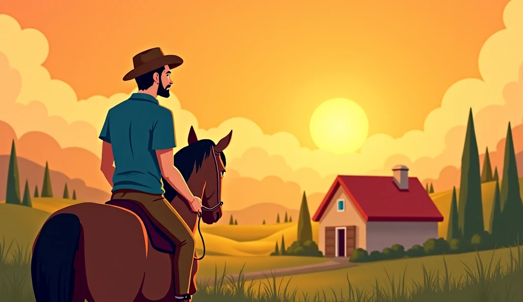 The image is a digital illustration of a farmer standing on a horse overlooking the village.He is wearing a blue shirt and brown pants and has a worried expression on his face. The background shows a village house  with trees and a body of village. The sky...