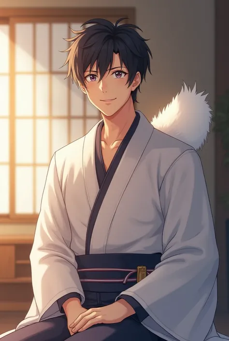 An adult-like man with a Samoyed tail、　Black and short hair、Anime-style images、ratio of 7 gentleness and 3 masculinity、 kimono、 calm room atmosphere、is smiling