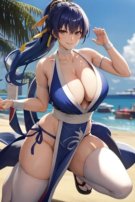 masterpiece, best quality, beautiful art, high resolution, well formed hands, body and fingers, 1 woman, solo, blue hair, blue eyes, hair ornament,  adult, grown up, big breasted, cleavage,  full body, braided long hair, blue_japanese_clothes, wearing DOA ...