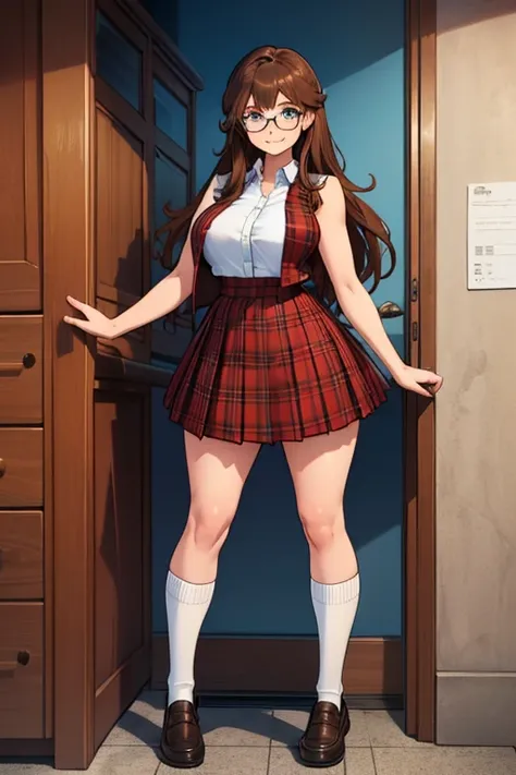 female, long brown hair, blue eyes, (((1girl))), (((white dress shirt))), (black sleeveless waistcoat), (red plaid pleated skirt), (white socks), (brown loafers), (glasses), cute and sexy, full body, huge breasts, long legs, smiling