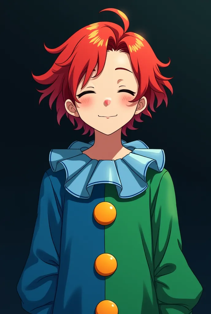 A handsome young boy with both eyes closed, red wavy hair, wearing a clown costume, blue on the left side, green on the right side, two big yellow buttons and a blue collar area. Black background. Please take an anime picture. Thank you.