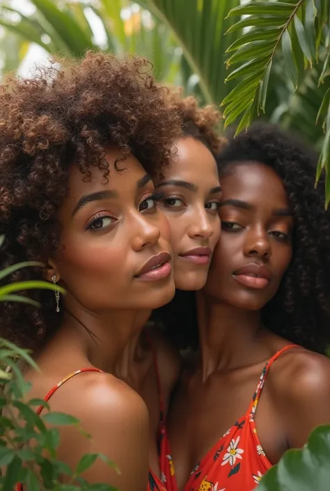 A realistic image of feminine diversity, high, low, morenas, blondes... well made up to highlight the characteristics of each of them in a tropical environment, Make the image the size of 16:9 