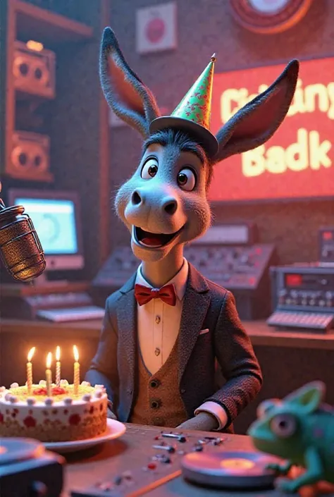 An animated donkey in elegant clothes celebrating his birthday in a radio booth with consoles , microphones and vinyl records and a birthday cake, Embraced by a friendly animated chameleon 