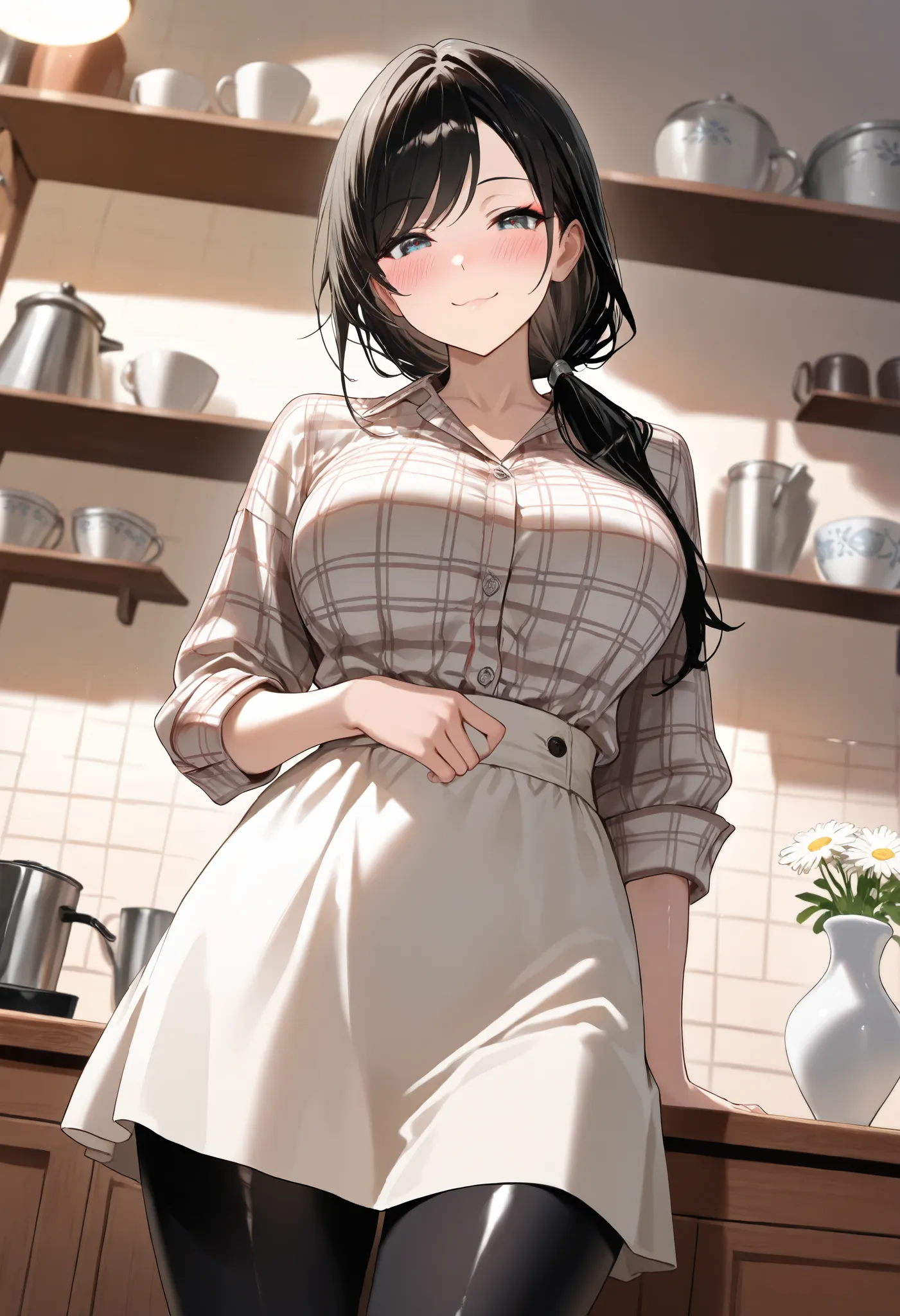 (best quality, masterpiece, ultra detailed, high resolution), Beautiful 8K CG artwork, Enriched photography, anatomically accurate body, depth of field,  1girl, elegant yet sexy girl, (long hair, black straight hair, swept bangs), 
round large breasts, bre...