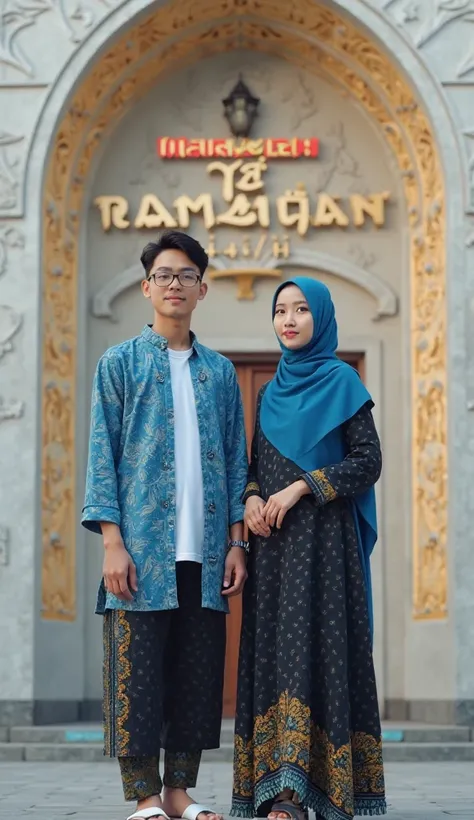 professional real photo realistic A pair of young Korean men and women aged 22 years. The man is wearing a white songkok/peci, wearing a long-sleeved blue Muslim shirt with a gold thread motif, wearing a watch, wearing a black batik sarong with a yellow go...