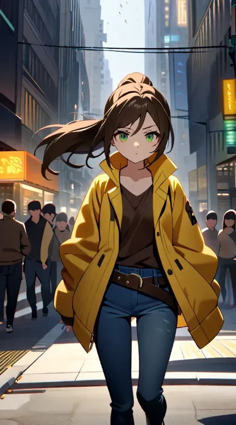 1 girl, long hair, ponytail, green eyes, brown degraded skin, brown hair, shirt,  belt,  yellow jacket,jeans, drill, In the city 