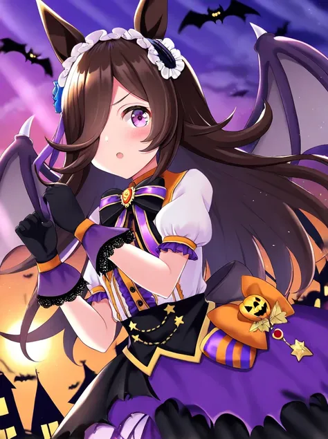 masterpiece, best quality, absurdres,
rice shower \(umamusume\), 1girl, hair over one eye, black gloves, horse ears, open mouth, looking at viewer, blush, upper body, multicolored bowtie, bat wings, halloween, frilled hairband, halloween dress, puffy short...