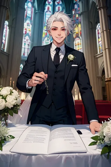 Perfect face. Perfect hands. A young white haired man with red eyes and short hair in a Gothic suit is setting up the altar for a wedding in an abandoned church with a big smile
