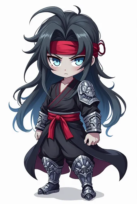 A chibi-advanced-style dark fantasy character, anime stylized , the character has gray skin, long black hair, and silver blue scales scattered across his body, wearing a red headband. His eyes are bright silver with slit snake-like pupils. He is dressed in...