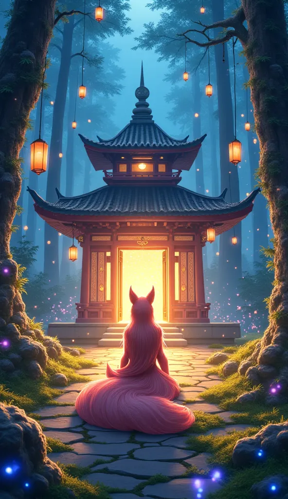 A majestic anime fox spirit girl kneels in front of an ancient shrine hidden deep in a glowing enchanted forest. Ethereal blue and purple fireflies drift through the air, casting a mystical glow over the lush, moss-covered landscape. Her nine shimmering fo...