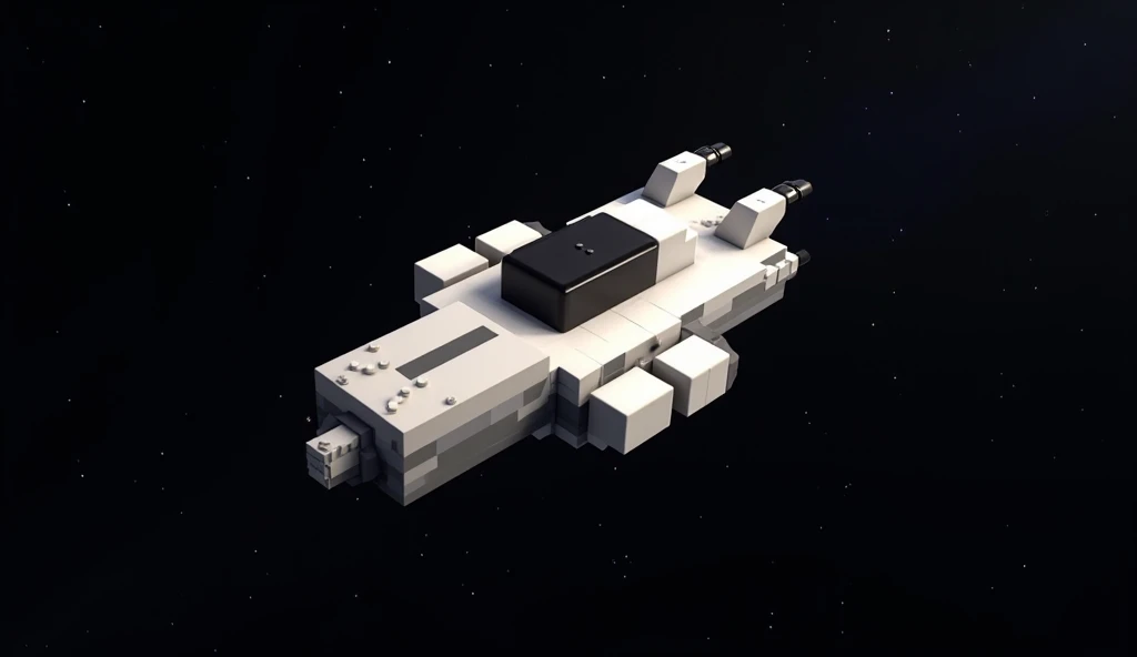 small minecraft-style spaceship, the ship's colors are mostly white, with a gray outline in outer space