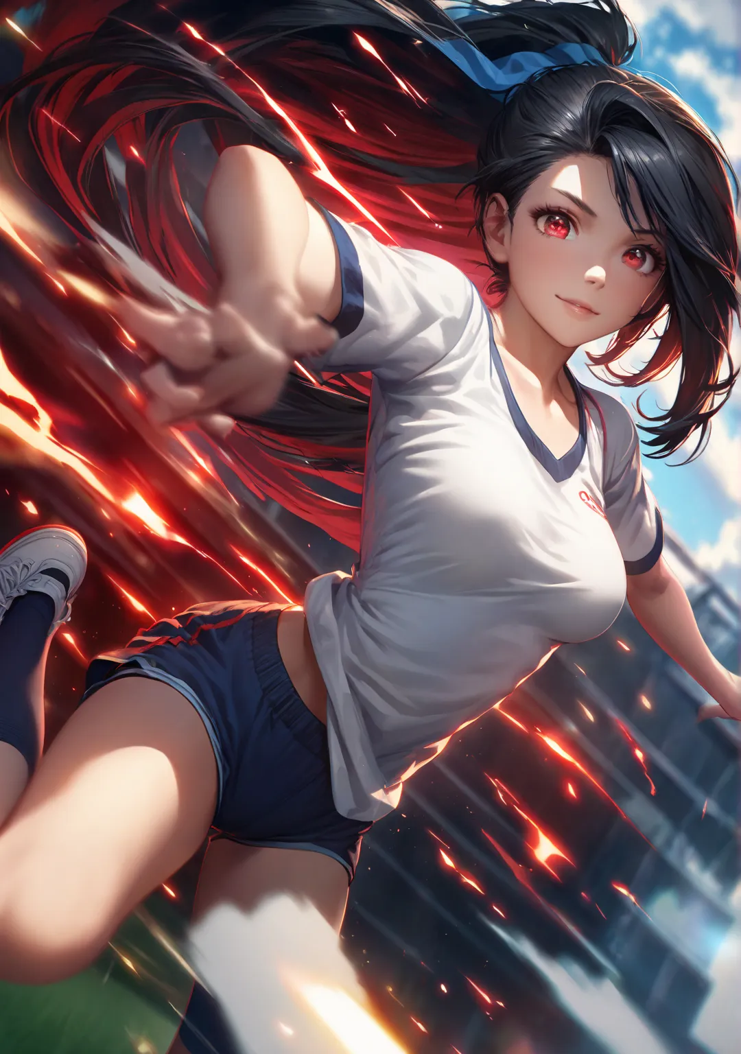 1 girl, Game CG, 
shallow depth of field, a portrait with a soft Gaussian blurred background, creating a dreamy atmosphere, 
focus on face, dynamic pose, performing a high jump, She is captured mid-air with a determined and focused expression, full of ener...