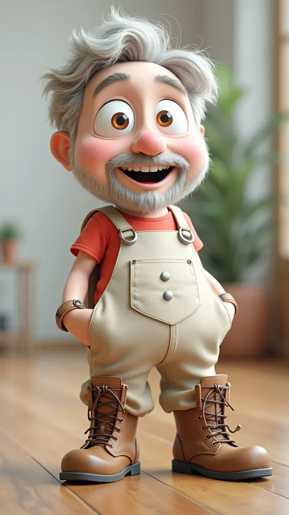 Pixar Style:man with short beard, smiling, wearing red shirt, beige pants and boots, white background,Pôster 3D,Disney