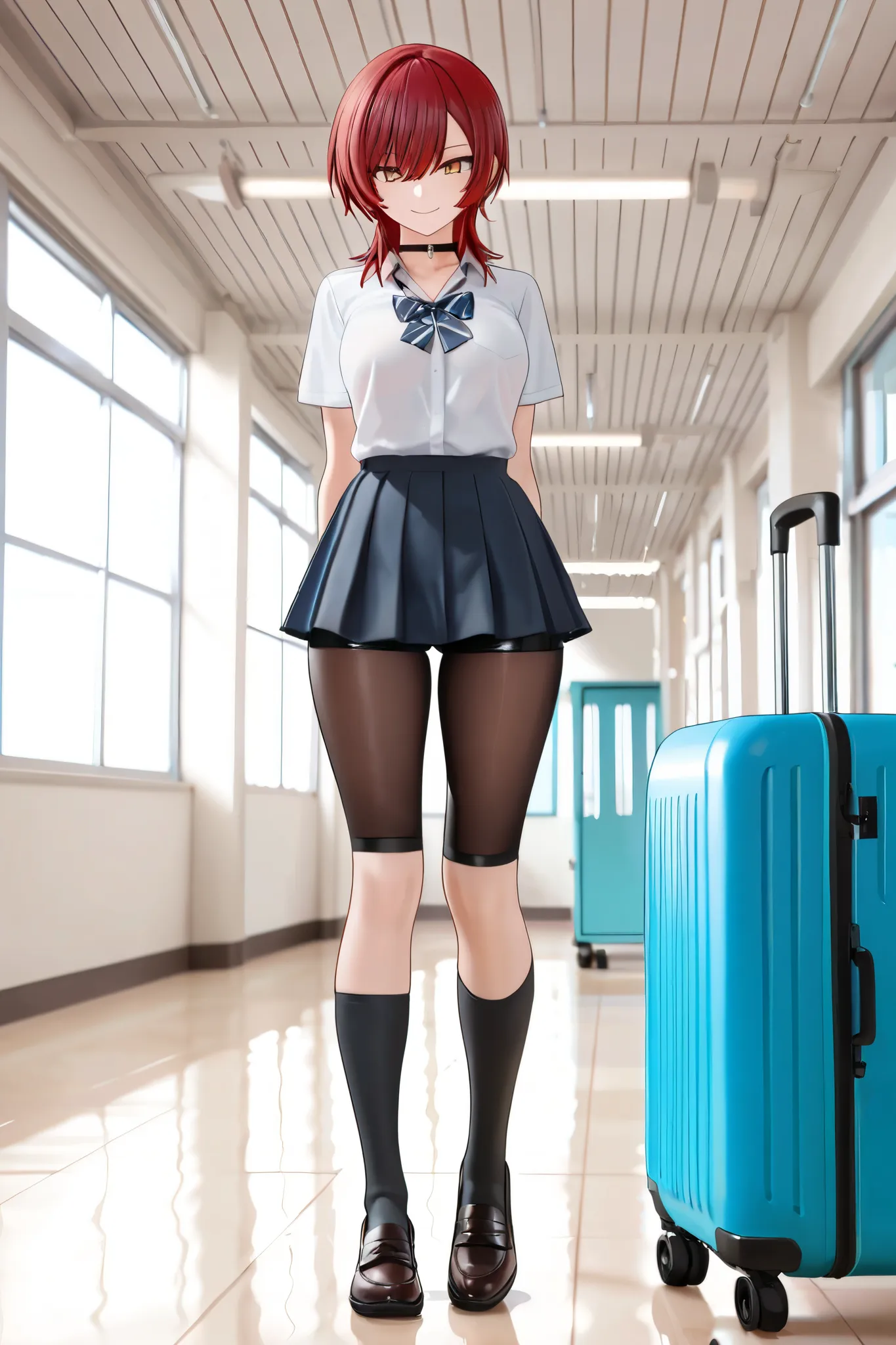 NSFW,masterpiece,Highest quality,High Resolution,very detailed, boyish girl,high school girl, red hair ,medium hair,wolf cut,clavicle,with golden eyes,choker,uniform,ribbons,miniskirt,チェックのminiskirt,leggings shorts,knee socks,Indoor shoes, Smile,schools,ph...