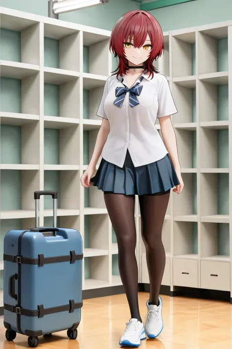 NSFW,masterpiece,Highest quality,High Resolution,very detailed, boyish girl,high school girl, red hair ,medium hair,wolf cut,clavicle,with golden eyes,choker,uniform,ribbons,miniskirt,チェックのminiskirt,leggings shorts,knee socks,Indoor shoes, Smile,schools,ph...