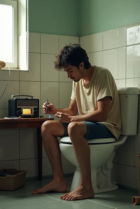 Repairs the radio on the table while sitting on the toilet 