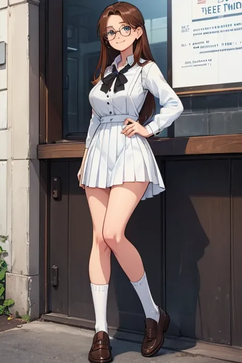 female, long brown hair, blue eyes, (((1girl))), (((white dress shirt))), (black waistcoat), (red pleated skirt), (white socks), (brown loafers), (glasses), cute and sexy, full body, huge breasts, long legs, smiling